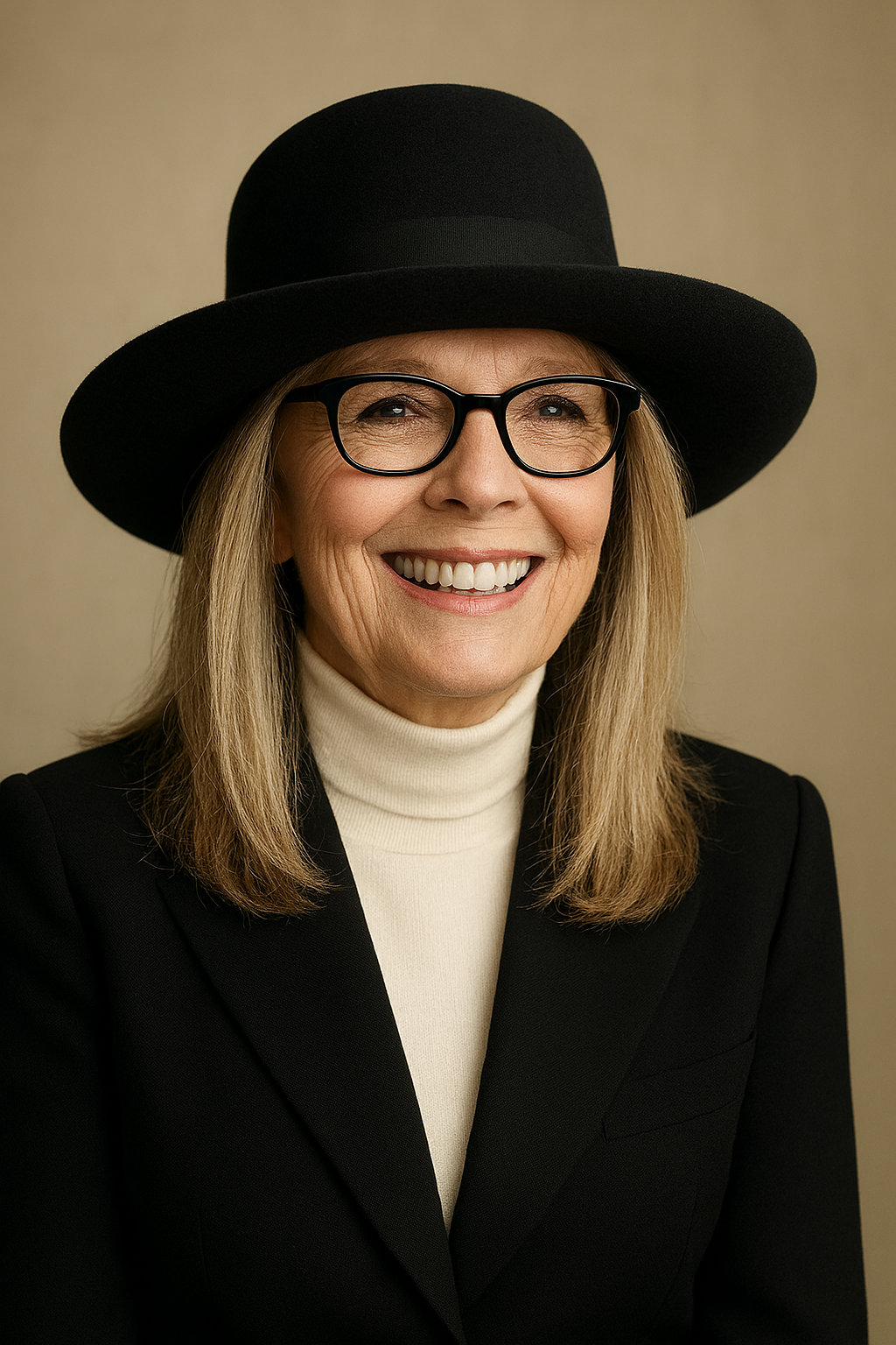 Diane Keaton smiling warmly in a wide-brimmed hat, radiating elegance and charm